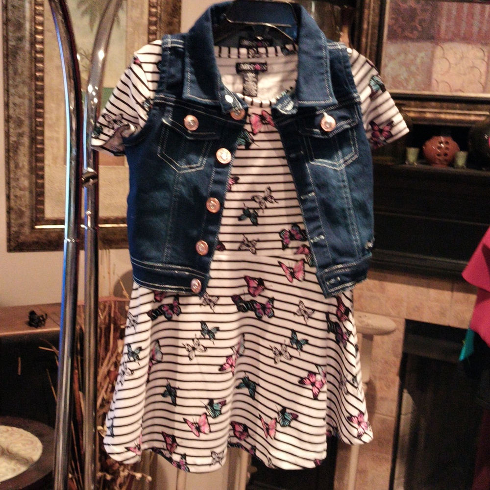 FINAL PRICE NWT Limited Too Black/White Striped Dress w Butterflies & Denim Vest - Picture 3 of 8